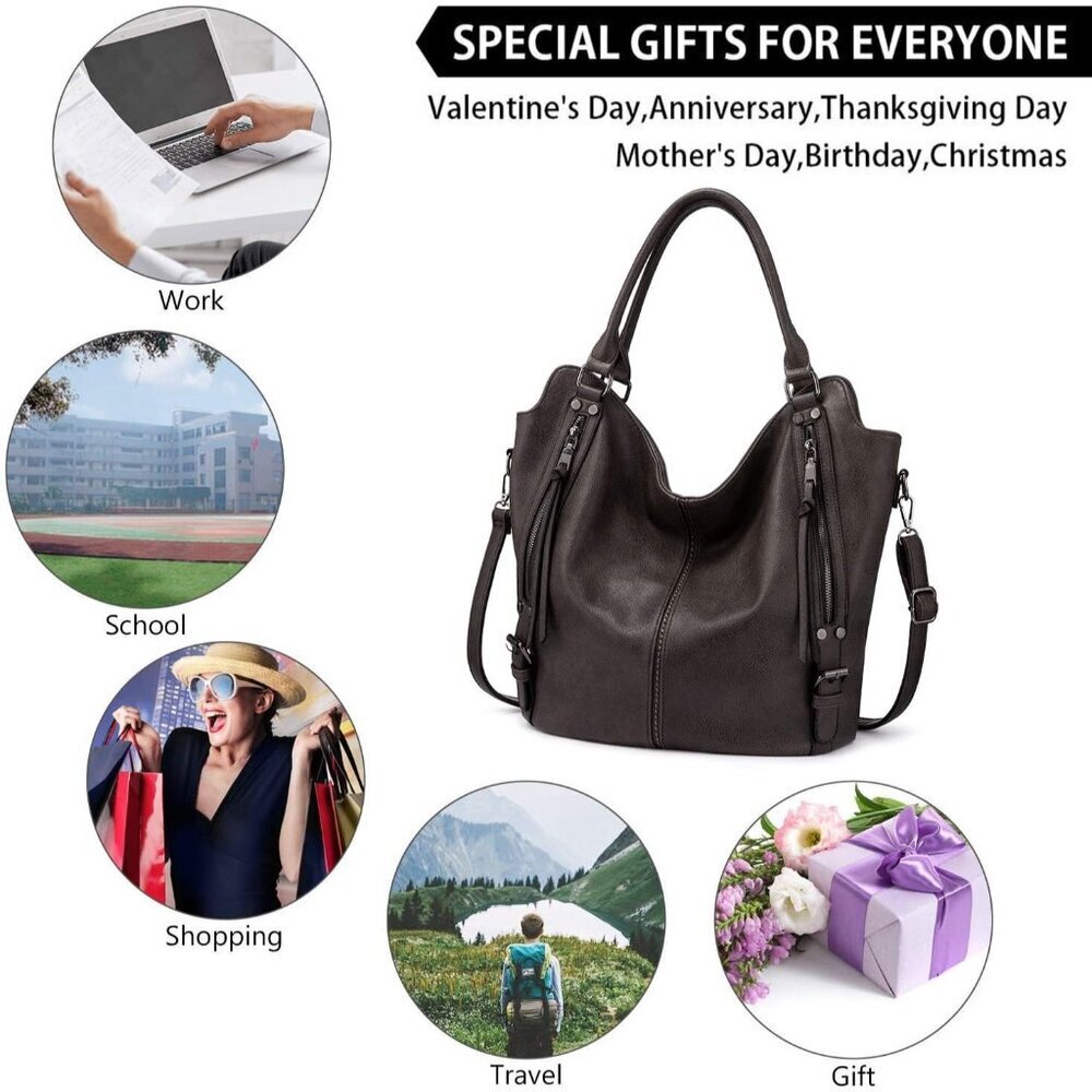 Women's Coffee Large PU Leather Tote Bag - Fashion Hobo Purse w/Strap - Picture 7 of 8